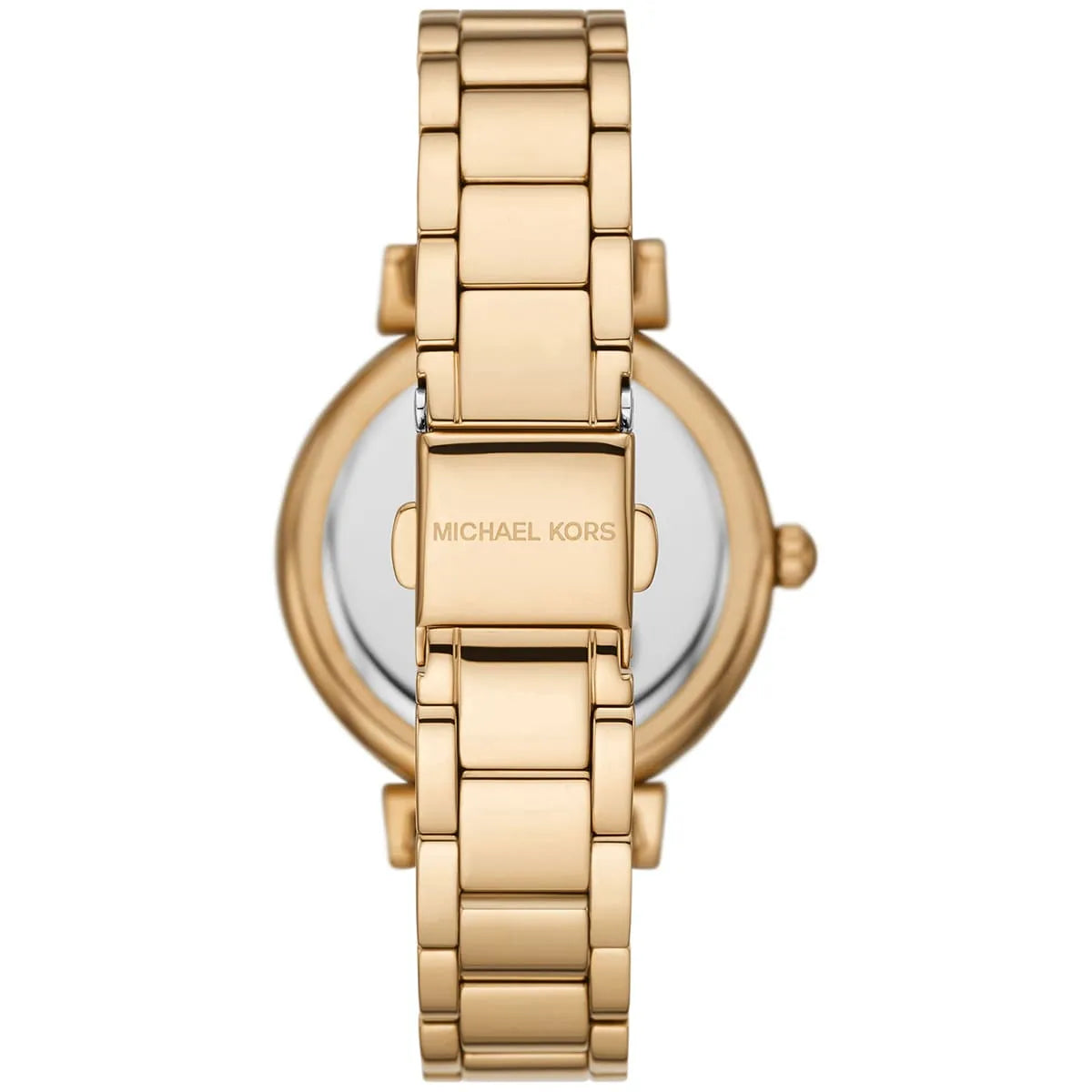 Rear view of Michael Kors Abbey watch showing caseback and gold-tone stainless steel bracelet