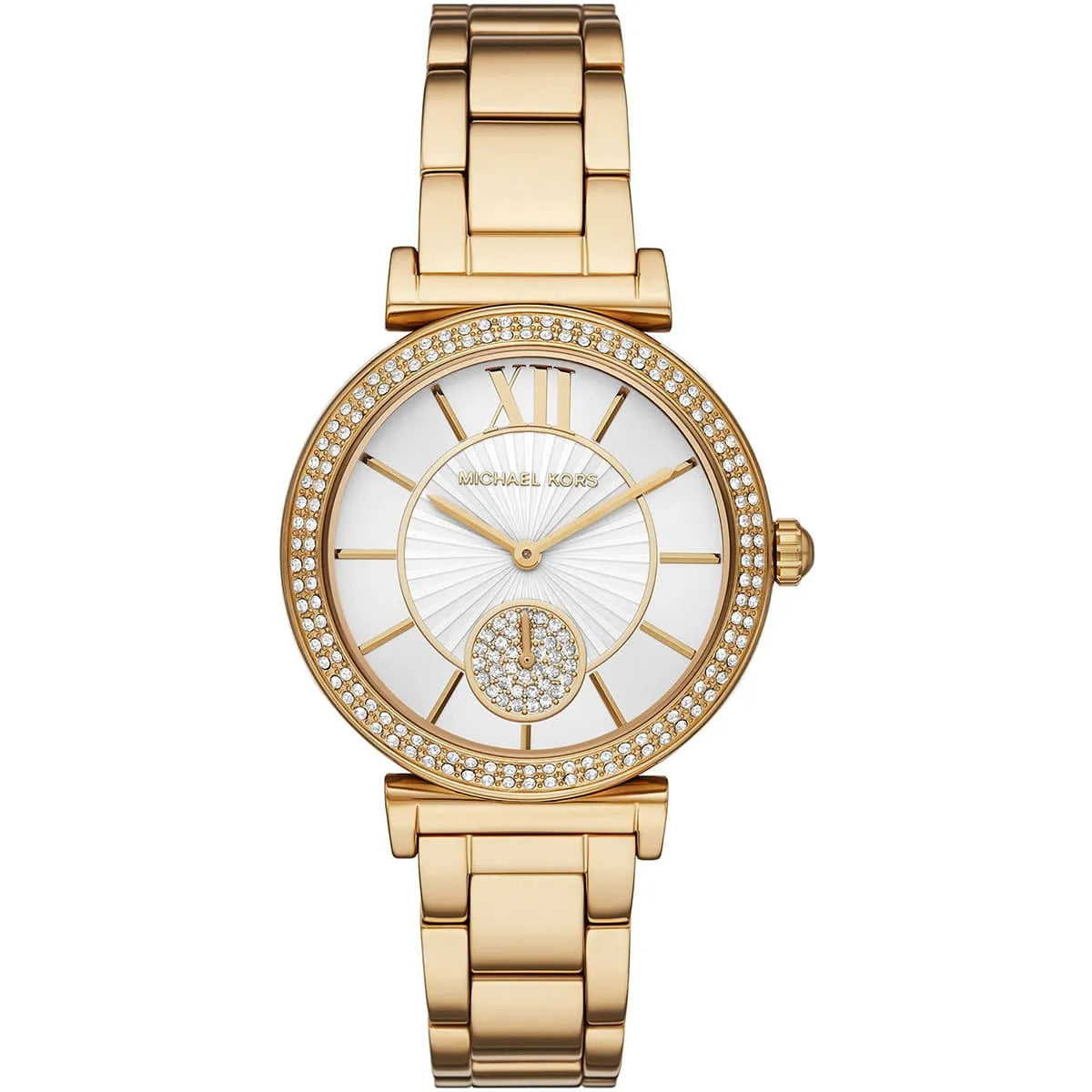 Michael Kors Abbey gold-tone women's watch with crystal-pave bezel, white dial, and gold metal bracelet