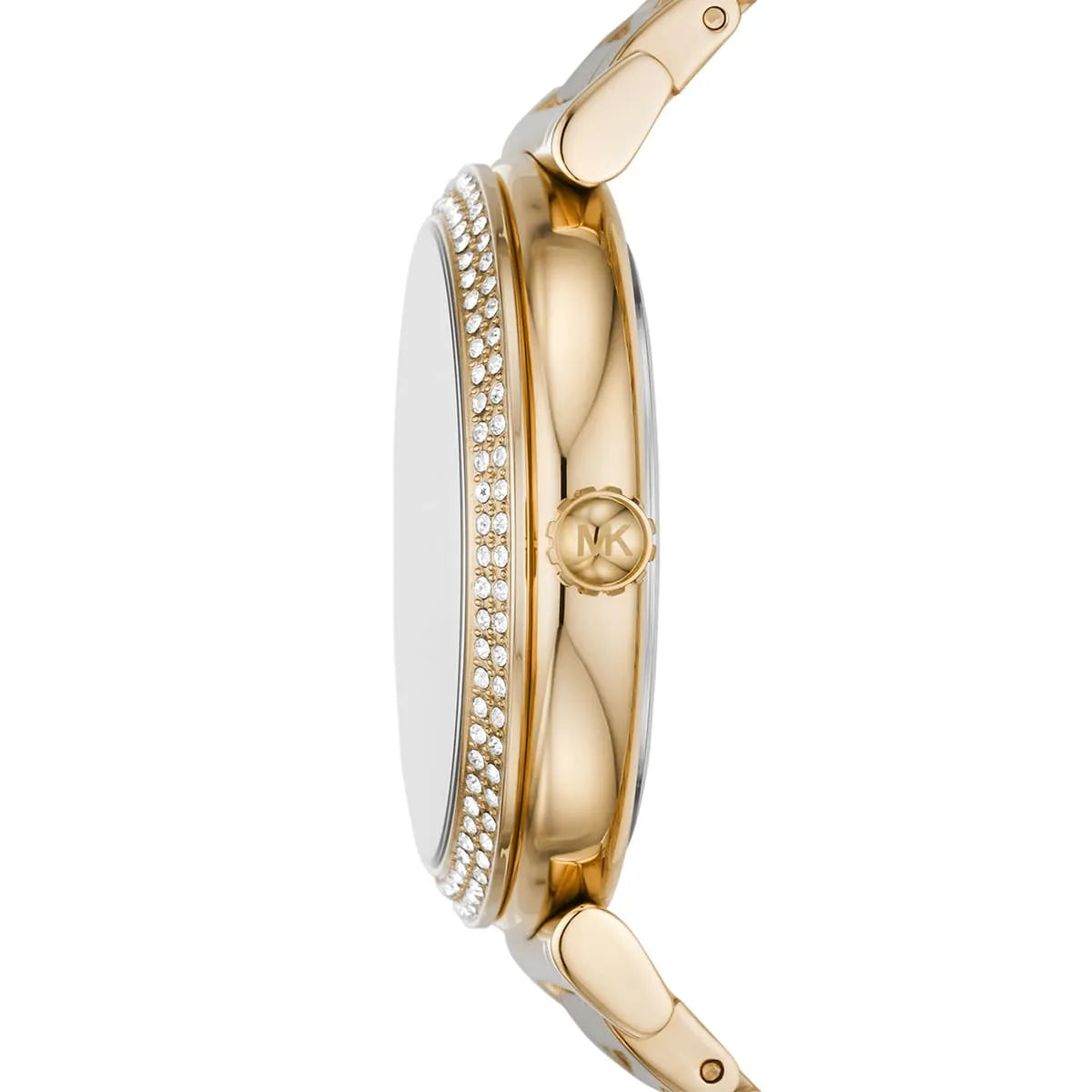 Side profile of Michael Kors Abbey watch showing crystal-pave bezel detail and gold-tone case