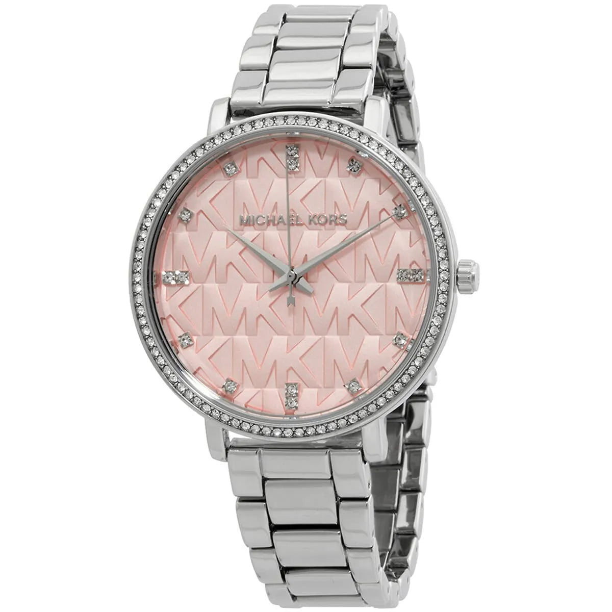 Michael Kors Pyper watch showing pink dial with MK pattern, diamond indices, and silver metal bracelet
