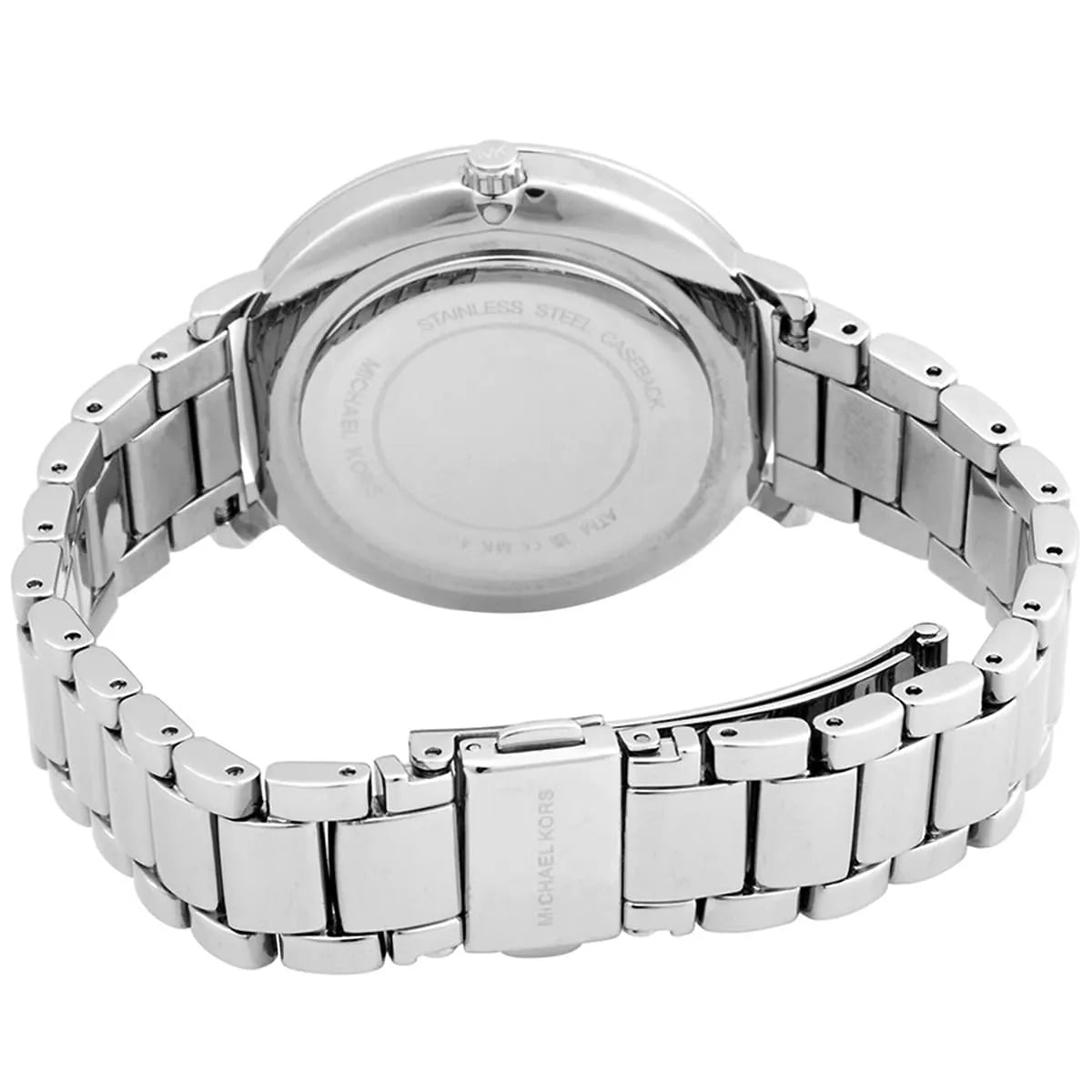 Michael Kors Pyper watch back view displaying silver stainless steel three-link bracelet