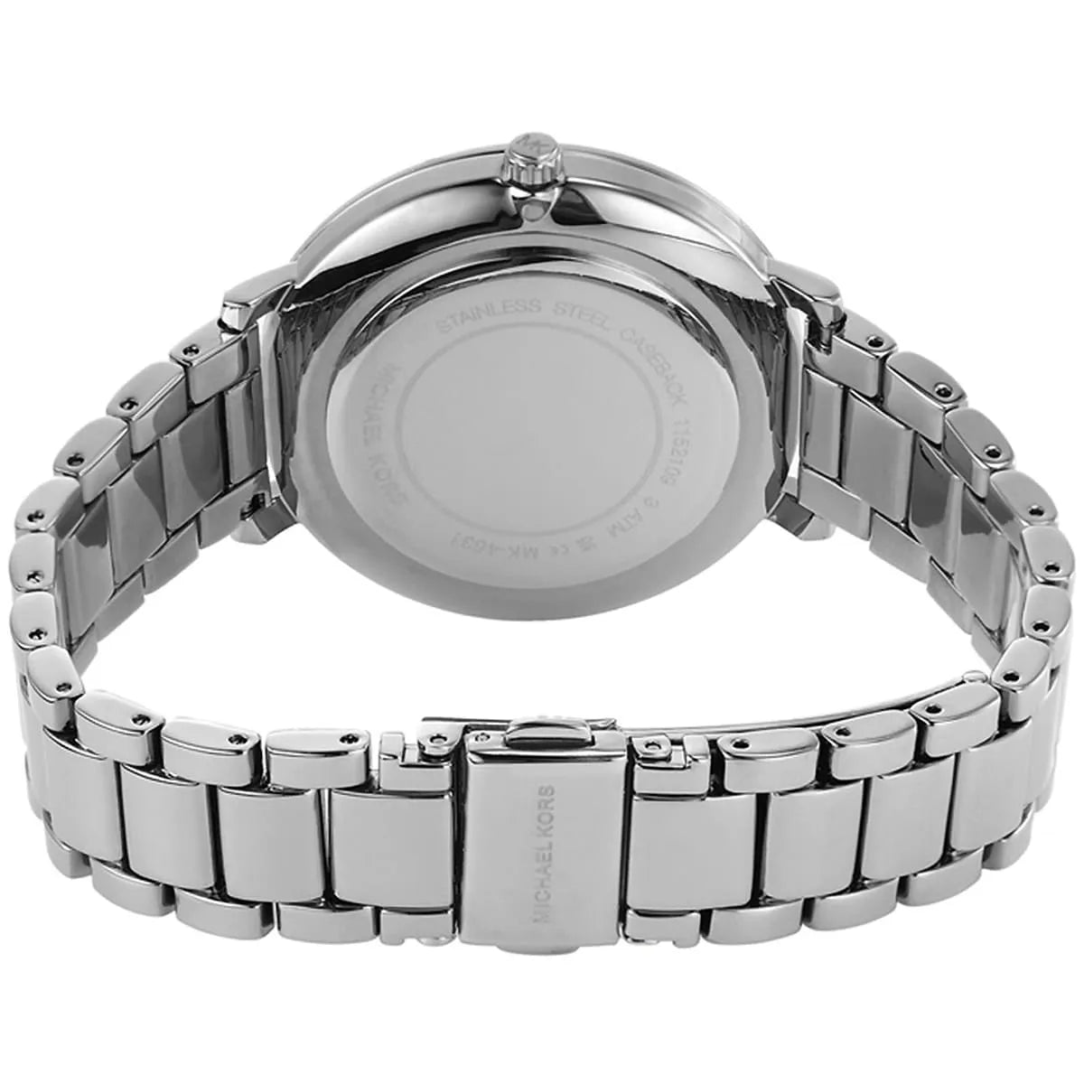 Michael Kors Pyper watch caseback showing stainless steel bracelet and clasp mechanism
