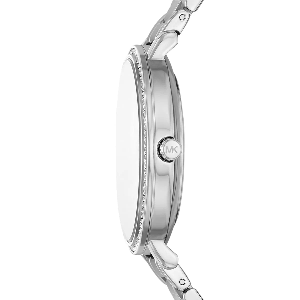 Michael Kors Pyper watch profile showing silver case with crown and crystal-set bezel