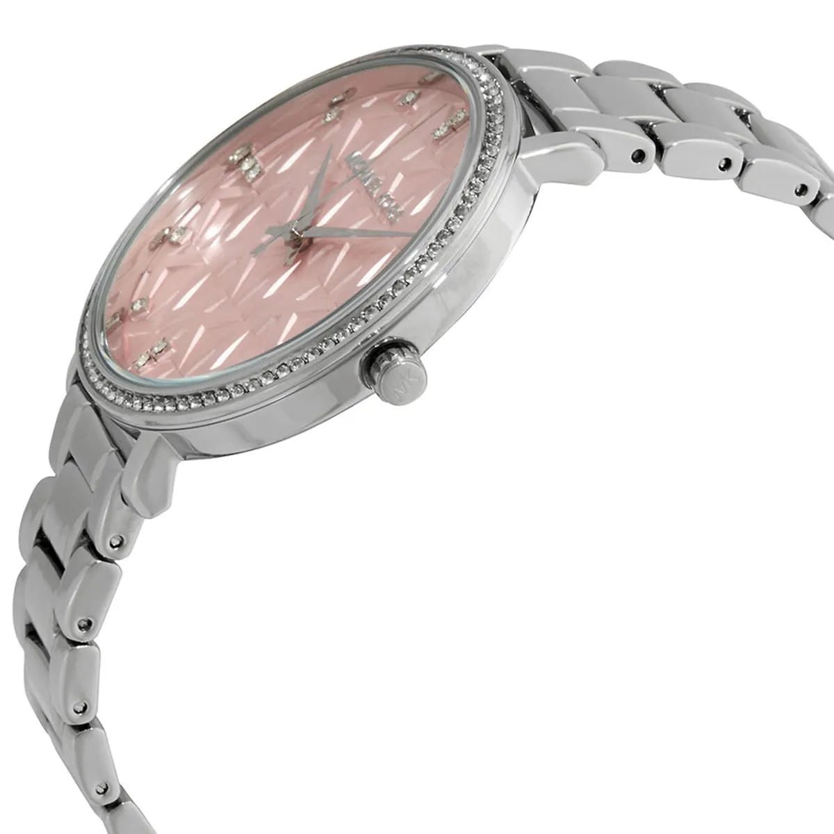 Side view of Michael Kors Pyper watch with pink dial and silver stainless steel bracelet