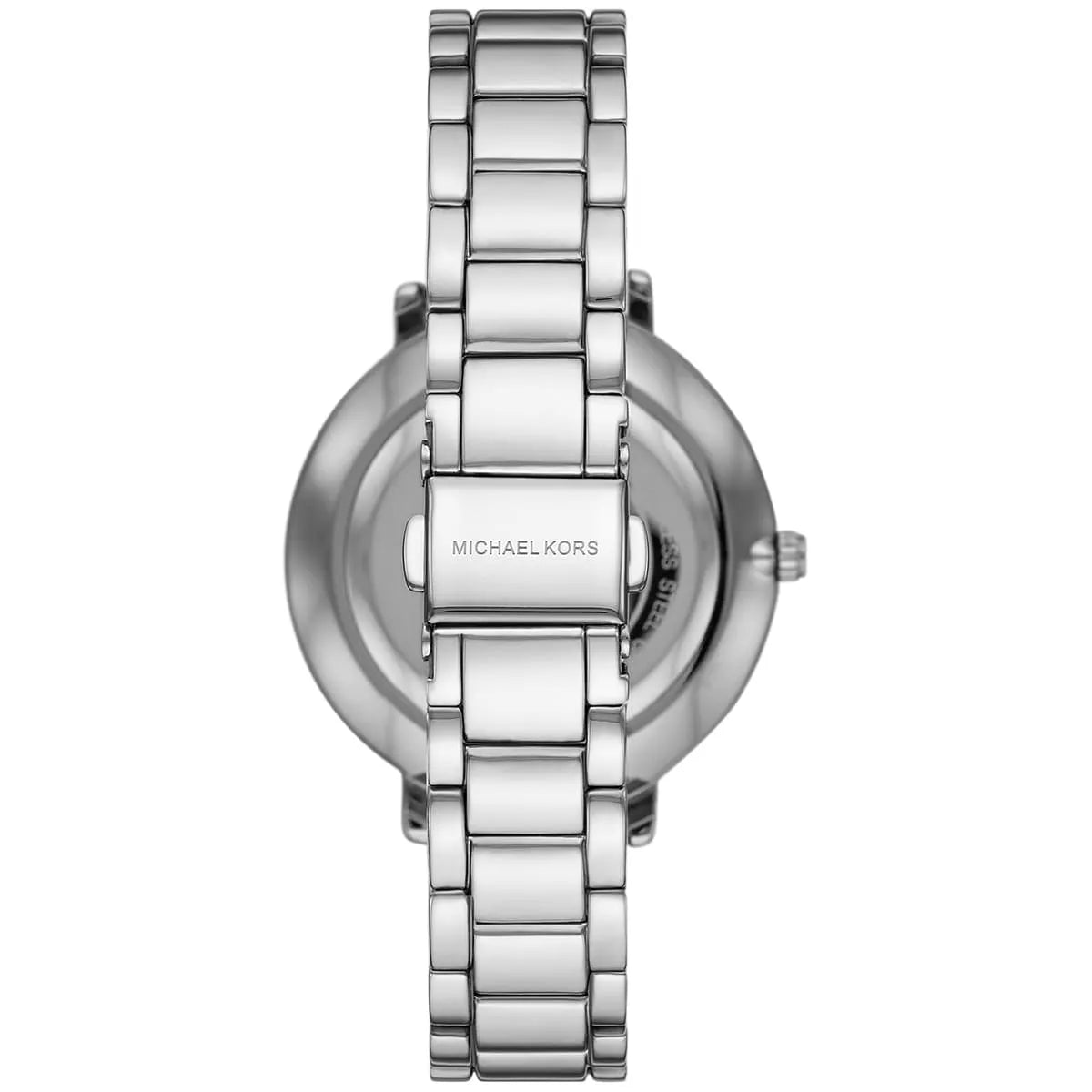 Michael Kors Pyper watch top-down view showing pink dial and silver bracelet design