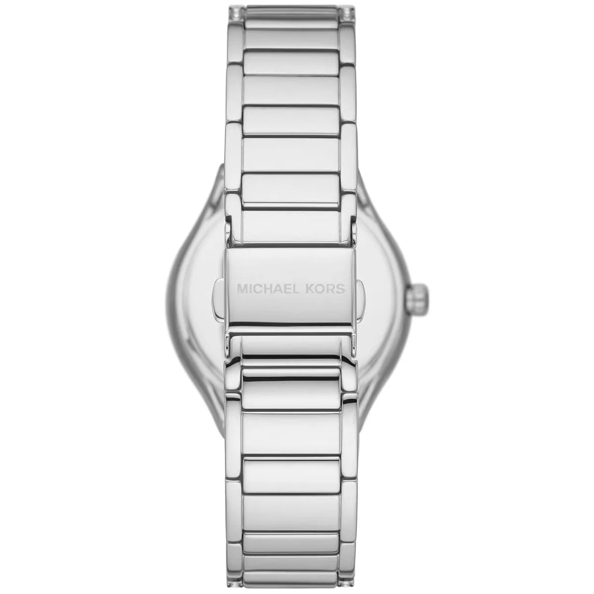 Back view of Michael Kors Sylvia watch showing case back and silver stainless steel bracelet