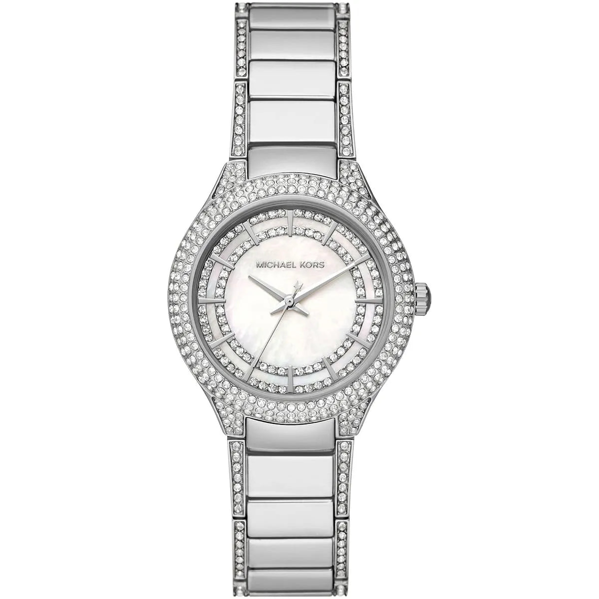 Michael Kors Sylvia women's watch featuring mother of pearl dial, crystal bezel, and silver metal bracelet