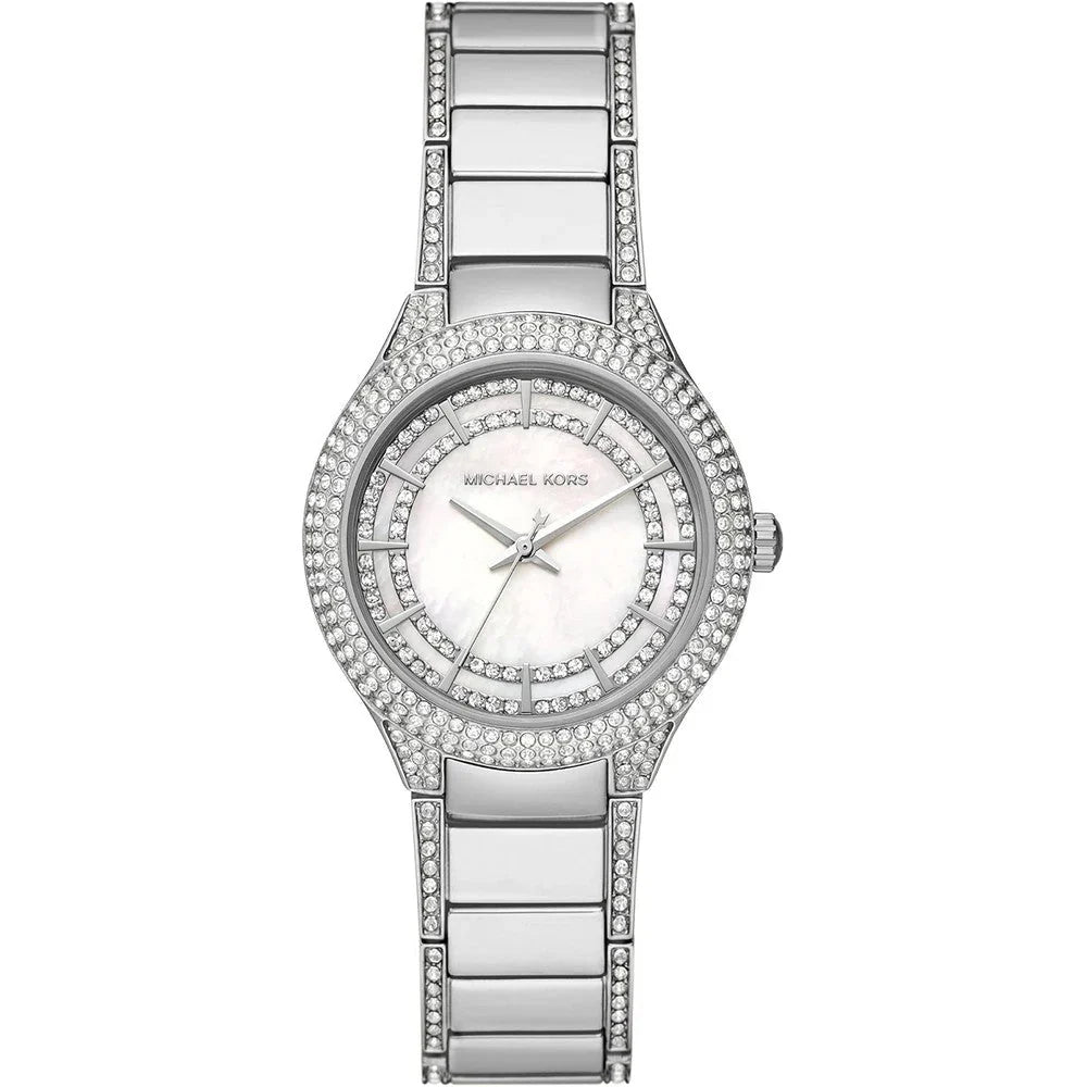 Michael Kors Sylvia women's watch with mother of pearl dial, crystal-set bezel and silver steel bracelet