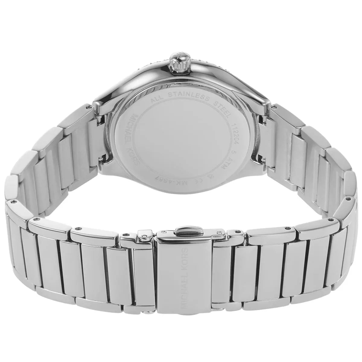 Michael Kors Sylvia women's watch worn on wrist with mother of pearl dial and crystal bezel