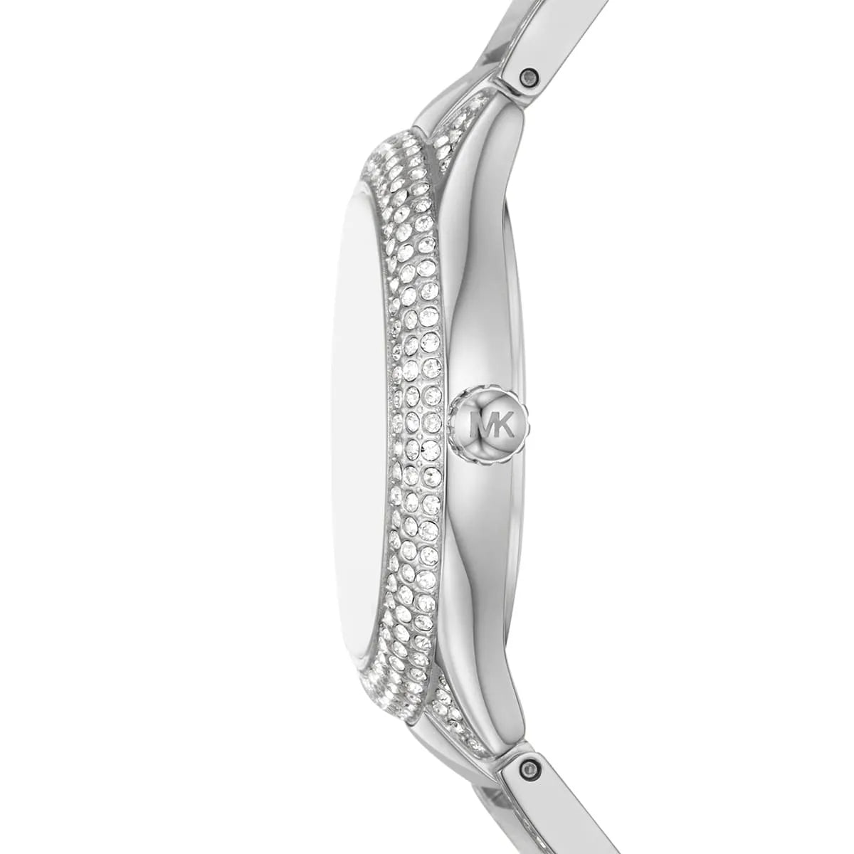 Side view of Michael Kors Sylvia watch with crystal-adorned case and silver metal bracelet strap
