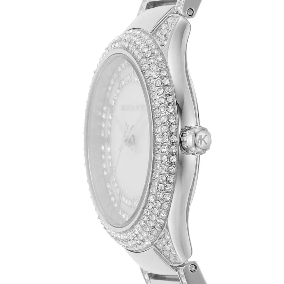 Side profile of Michael Kors Sylvia watch showing crystal-embellished case and silver steel bracelet
