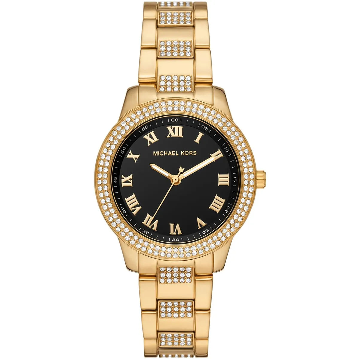Michael Kors Tibby women's gold tone stainless steel watch with black dial and crystal bezel