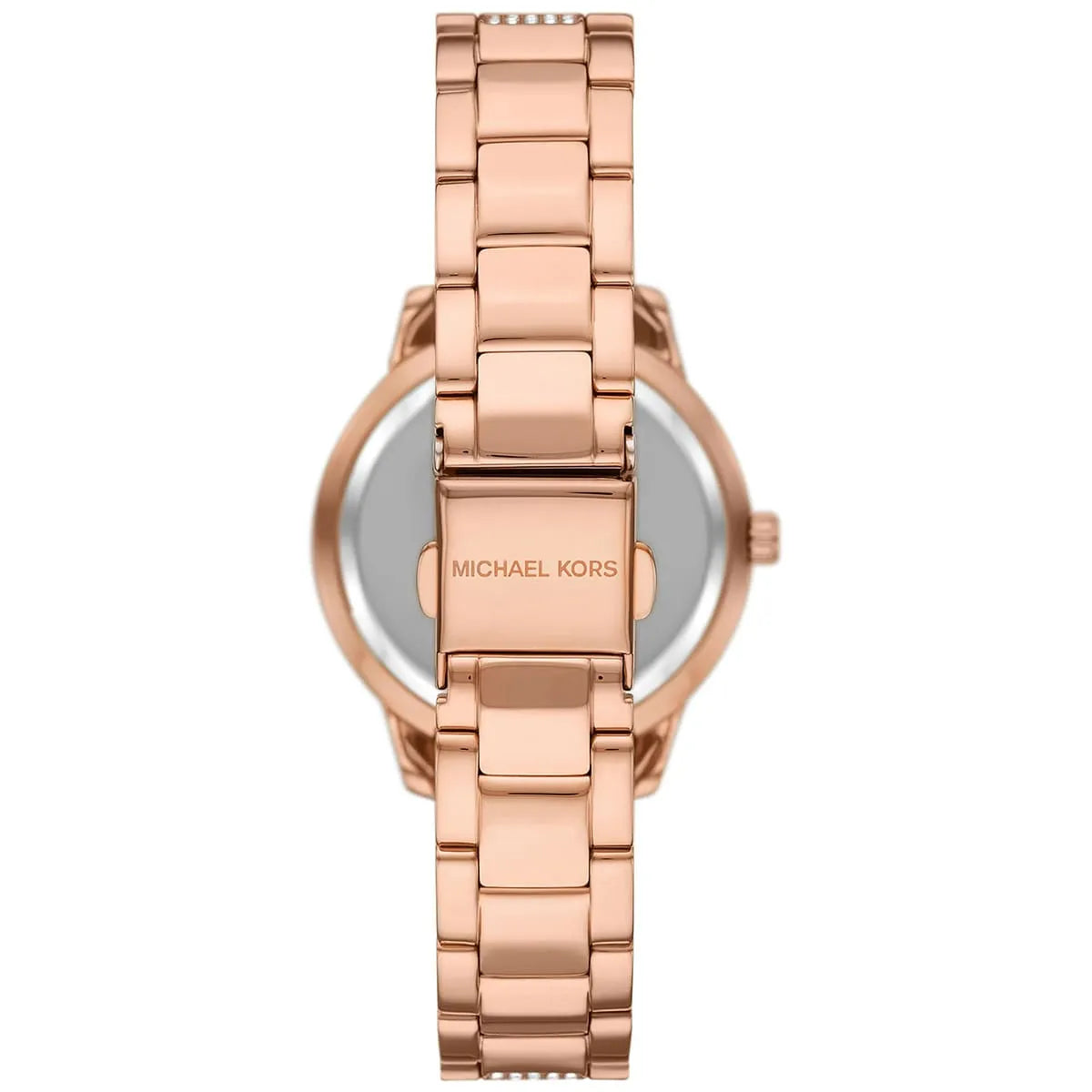Michael Kors Tibby watch caseback displaying rose gold stainless steel bracelet