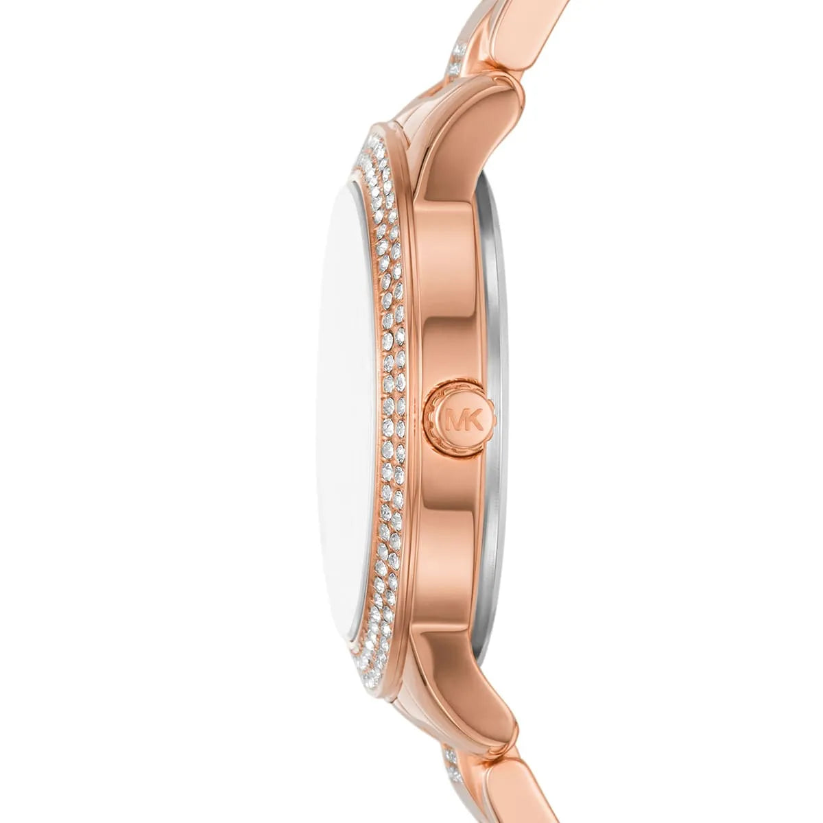 Michael Kors Tibby watch side profile showing crystal bezel and rose gold case