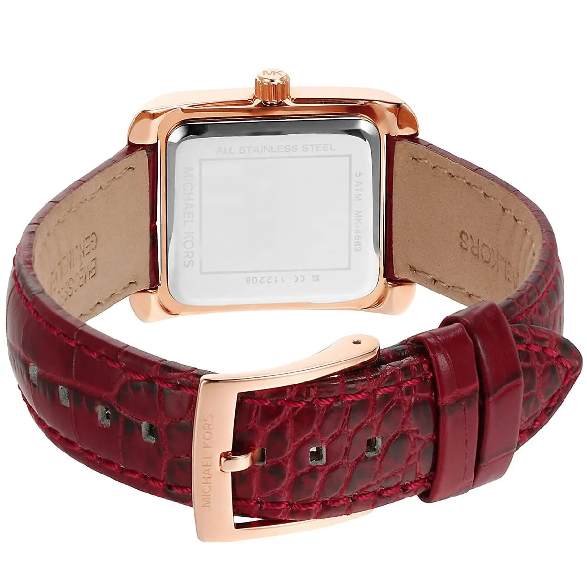 Red genuine leather strap with crocodile texture and rose gold buckle closure
