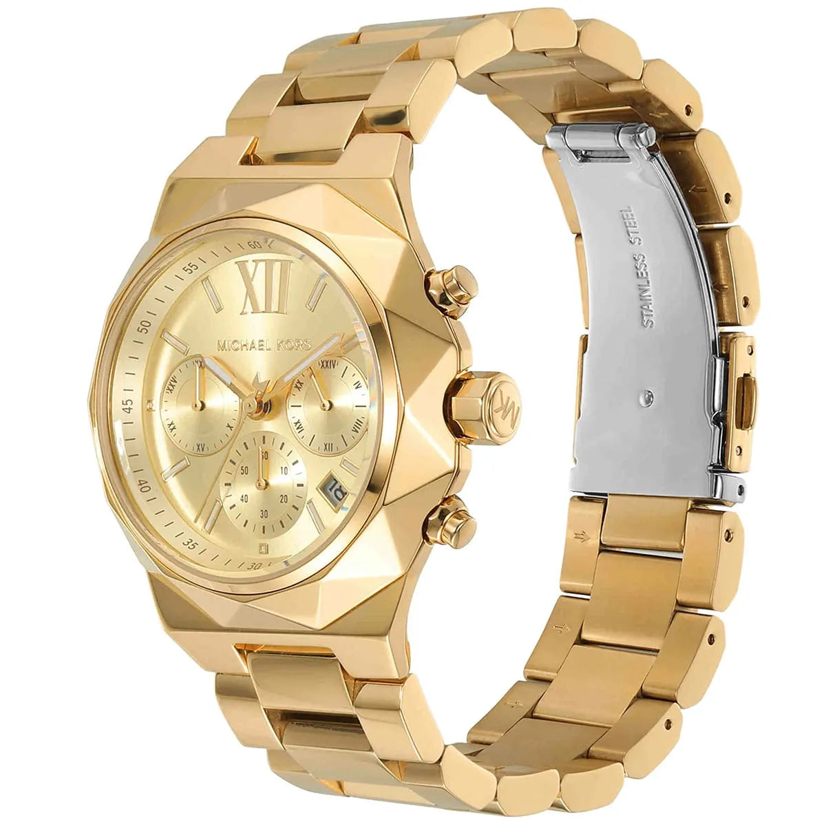 Side angle view of MK4690 Raquel watch showing champagne dial and full gold bracelet