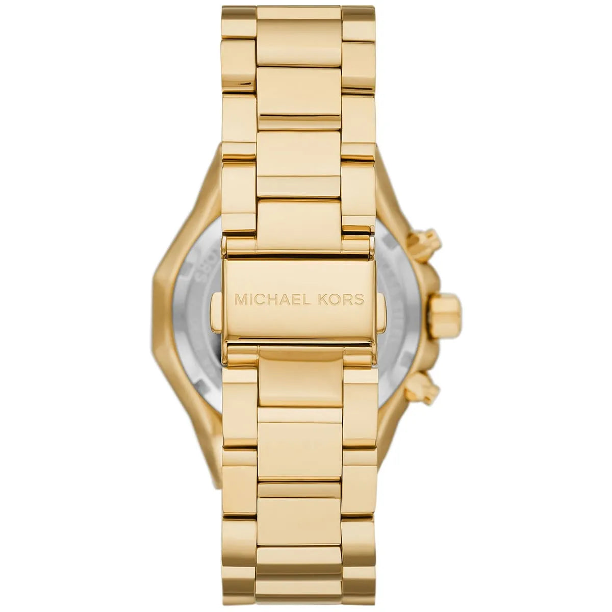 Back view of MK4690 showing case back with Michael Kors branding and gold bracelet