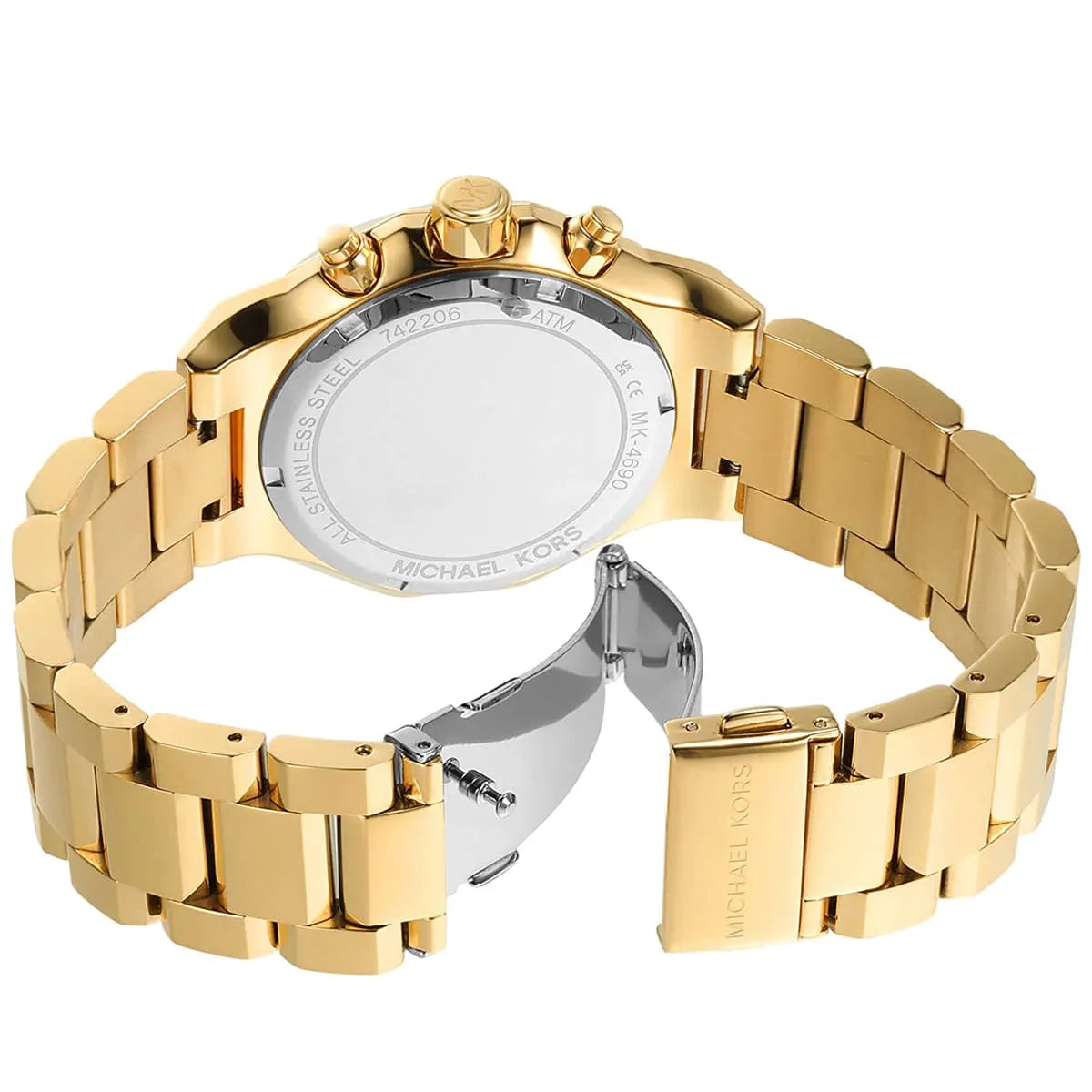Detailed view of Michael Kors Raquel chronograph dial with three subdials and Roman numerals