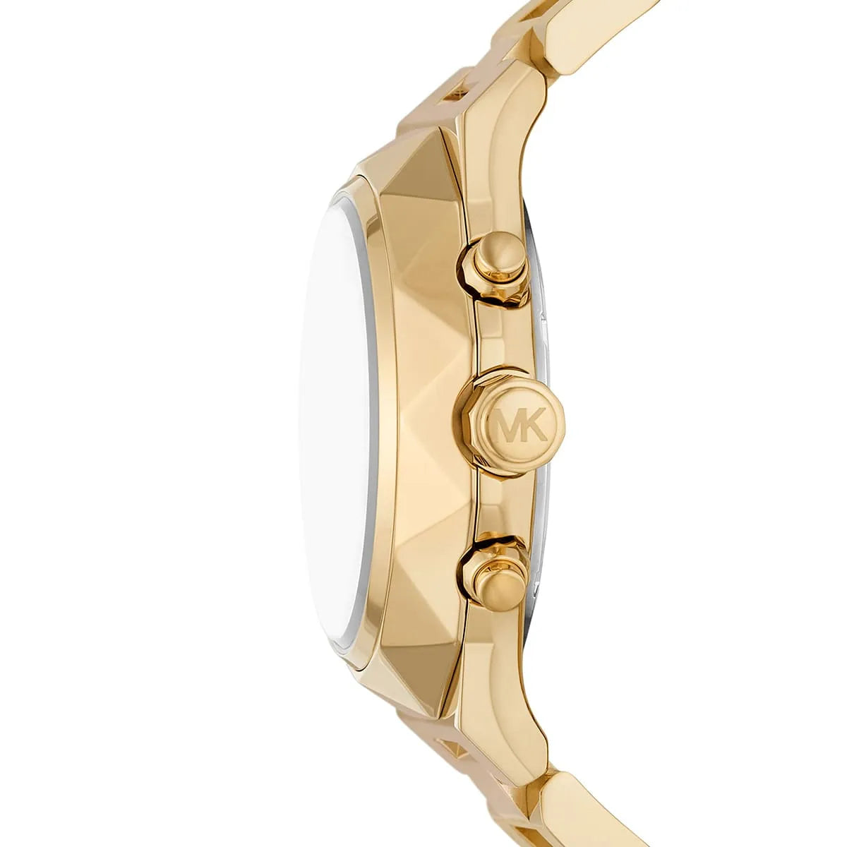 Side profile of Michael Kors Raquel MK4690 watch with chronograph pushers visible