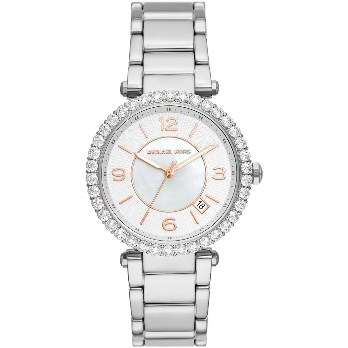 Michael Kors Parker Lux silver-tone women's watch with white dial and crystal bezel