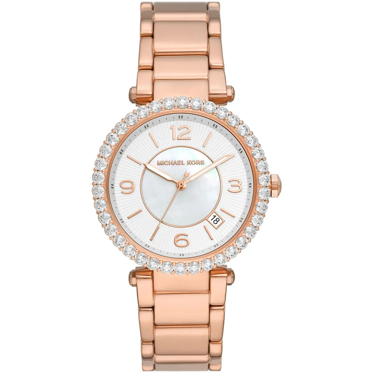 Michael Kors Parker women's watch with white MOP dial, rose gold bracelet, and crystal bezel