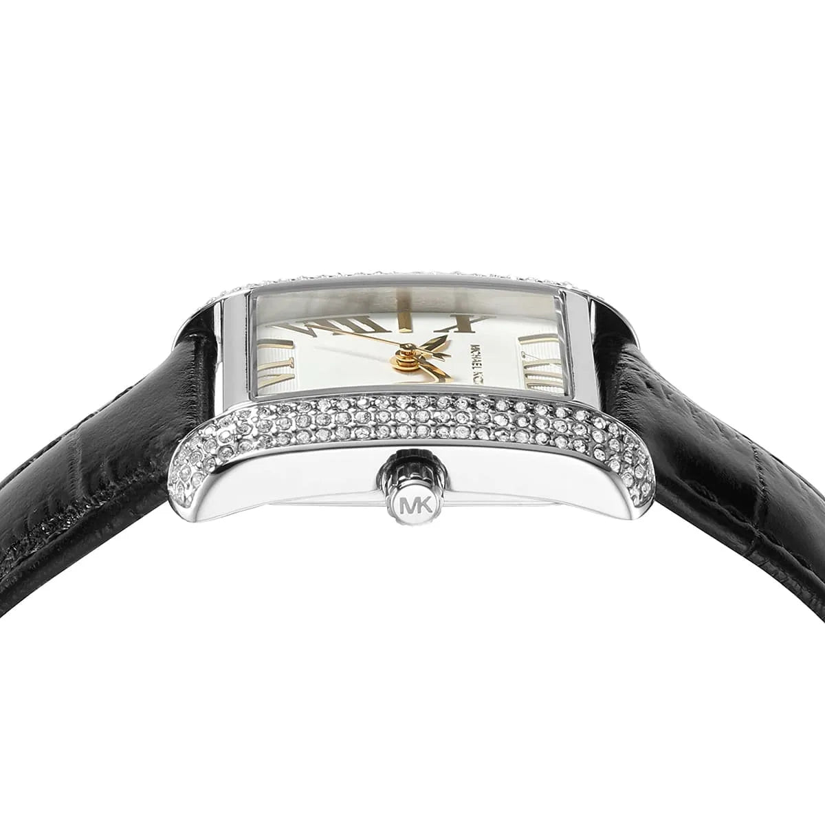 Top-down view of the white dial with Roman numerals, pavé crystal bezel, and MK logo