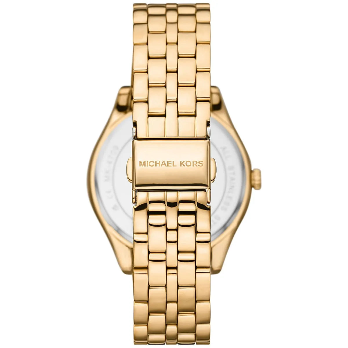Michael Kors Harlowe caseback showing stainless steel bracelet and engraved branding