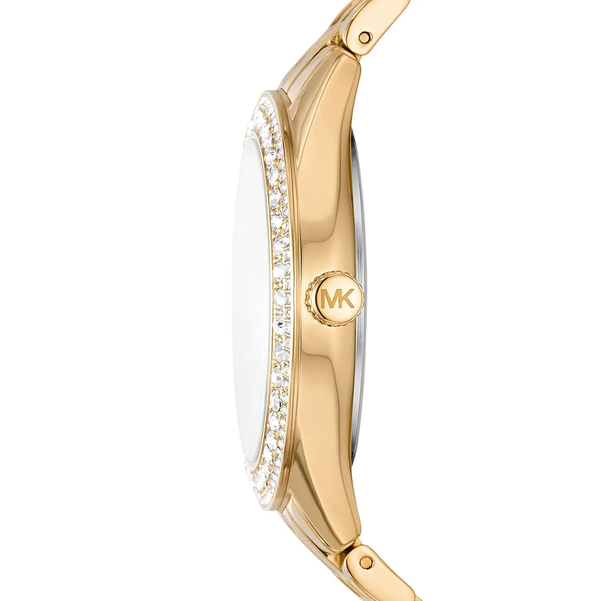 Side view of Michael Kors Harlowe watch showing crystal-set bezel and golden case