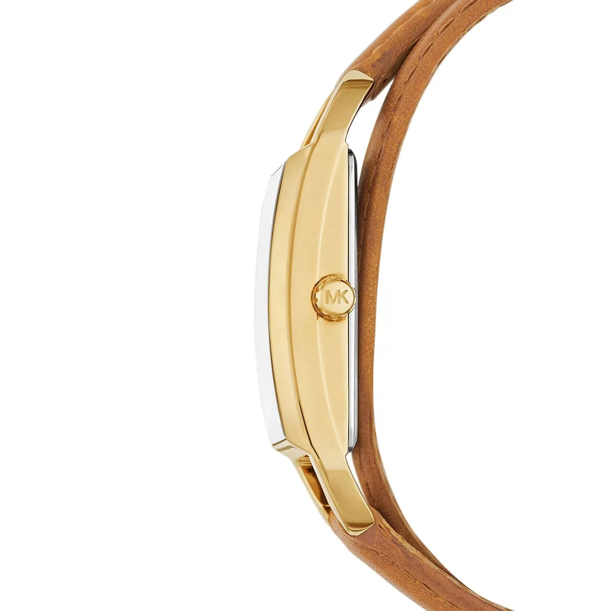 Michael Kors Empire watch side view with gold case and brown leather strap