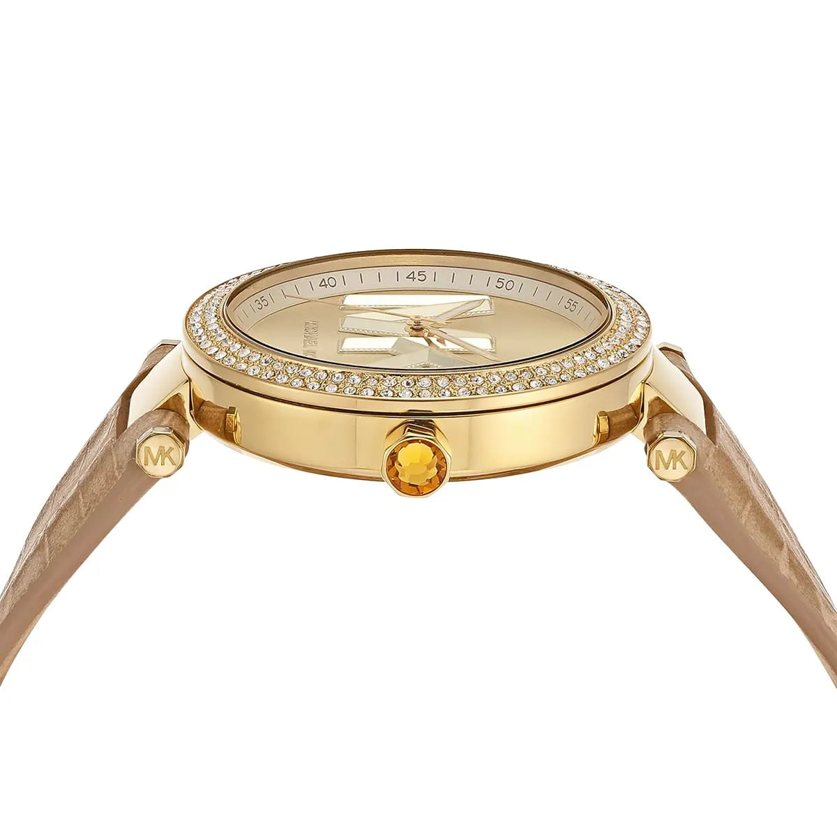 Michael Kors Parker MK4725 angled view showing gold case with crystal bezel and tan leather strap
