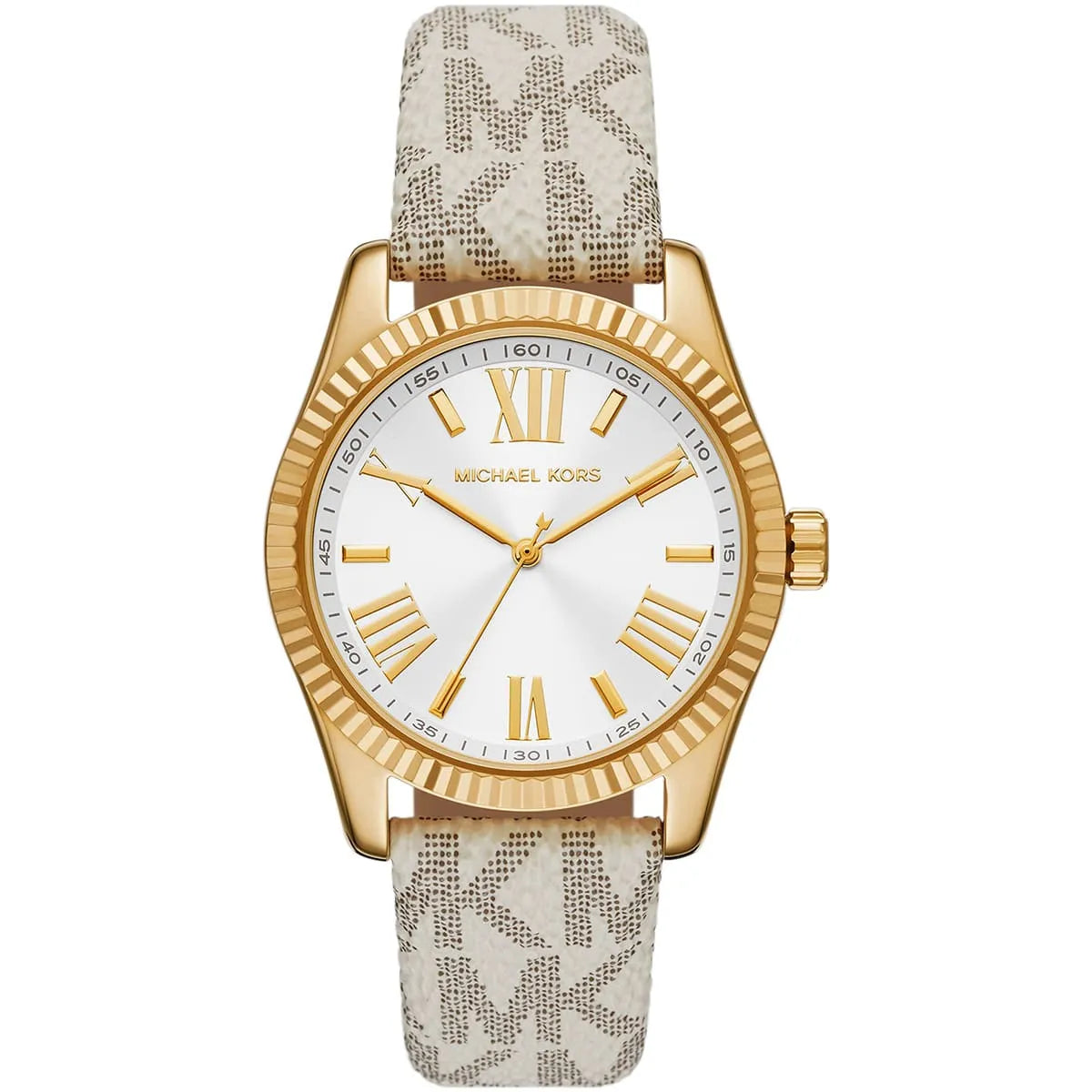 Michael Kors Lexington women's watch with white dial, gold-tone case, Roman numerals, and grey patterned leather strap