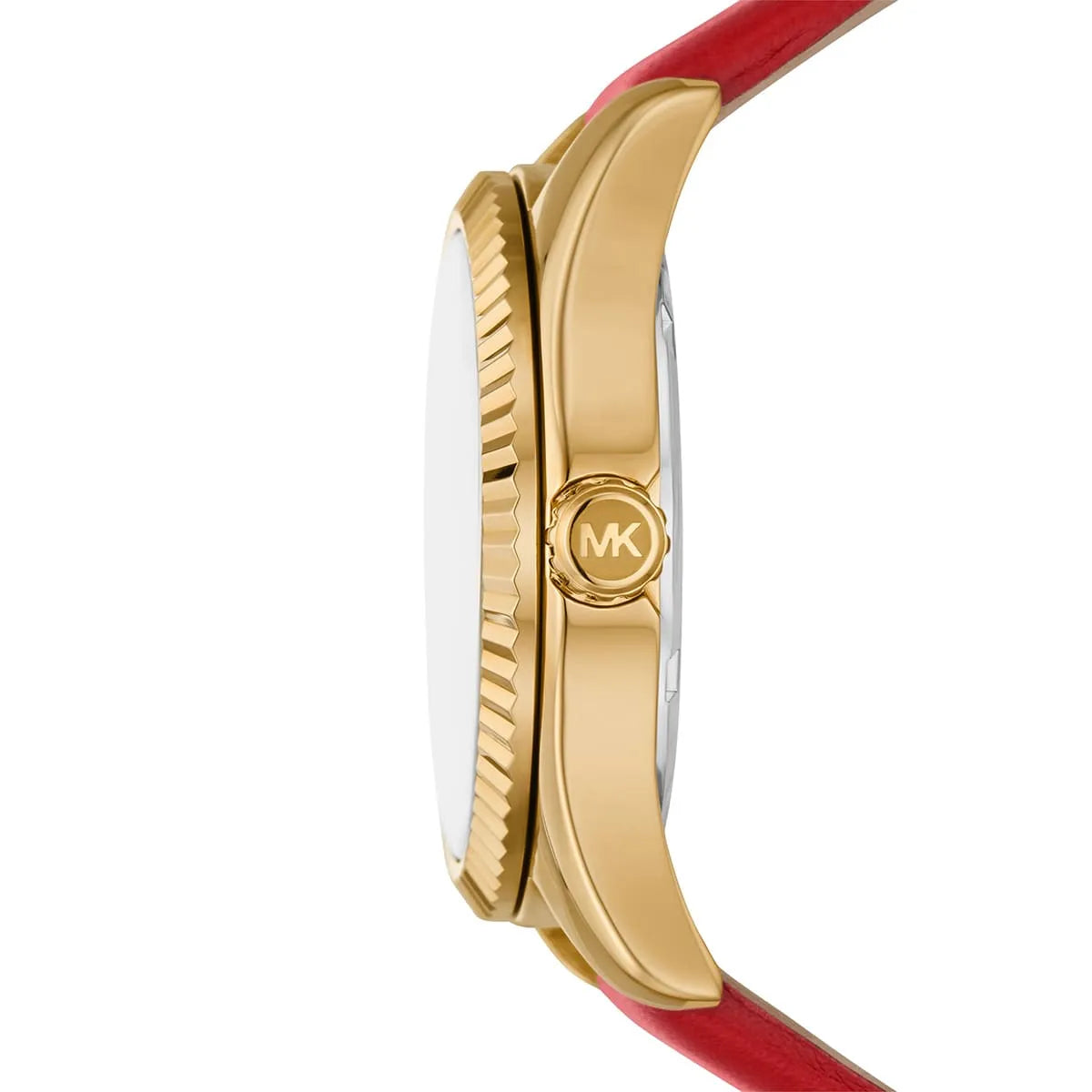 Side view of Michael Kors Lexington watch showing gold case and red leather strap