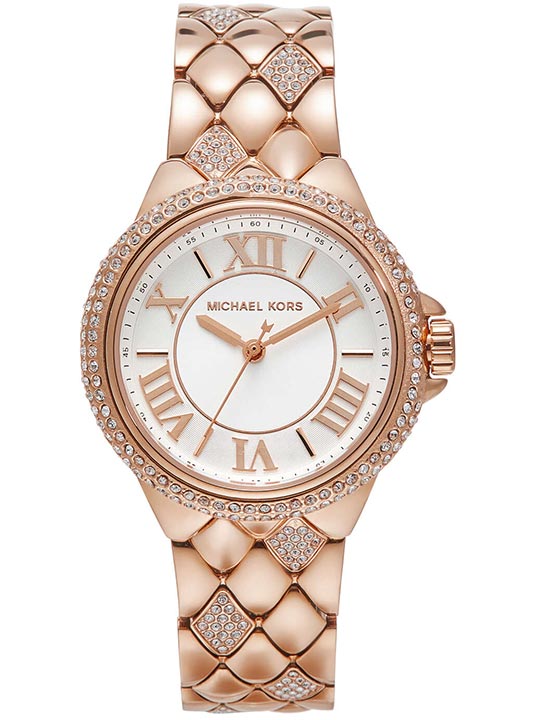 Michael Kors Camille rose gold-tone women's watch with crystal bezel and quilted bracelet