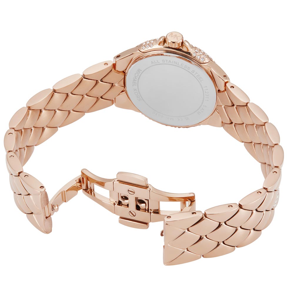 Back and side view of Michael Kors Camille rose gold watch showing quilted bracelet and caseback
