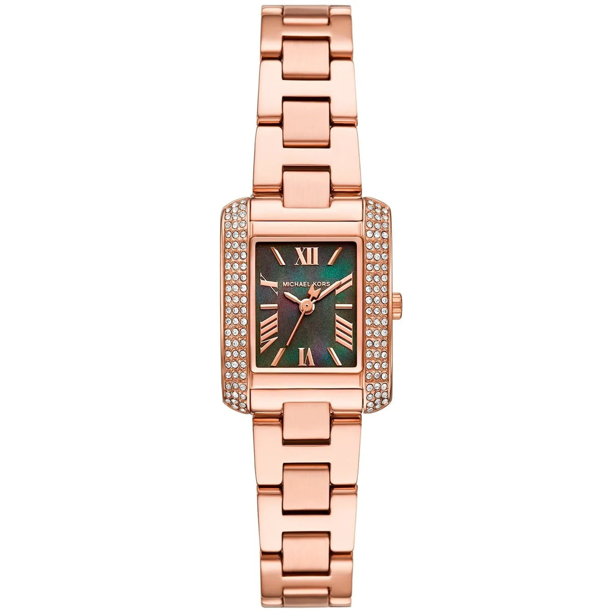 Michael Kors Mini Emery rectangular watch with rose gold case, pavé bezel, green mother-of-pearl dial and rose gold bracelet