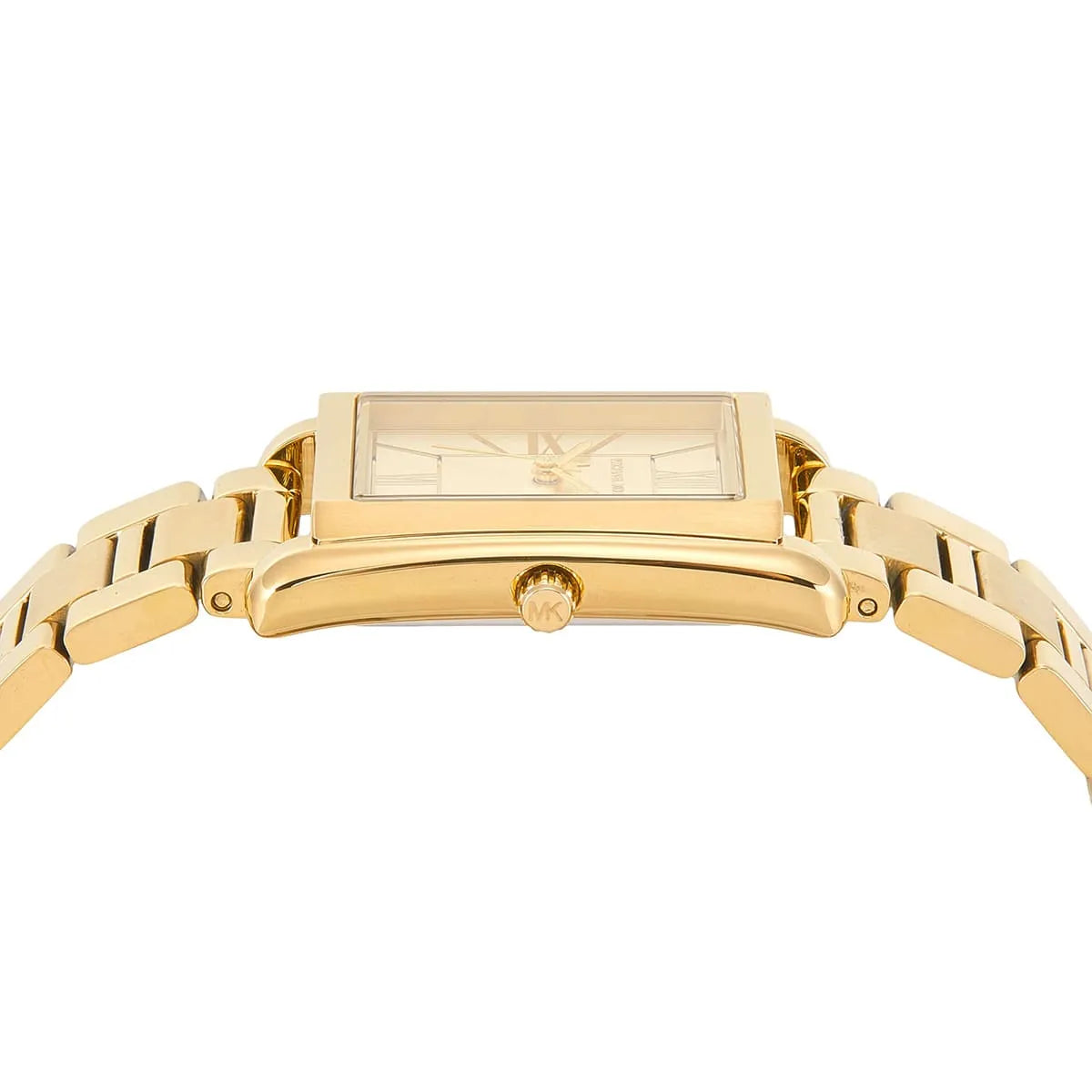 Angled view of Michael Kors Essex watch with gold rectangular case and link bracelet