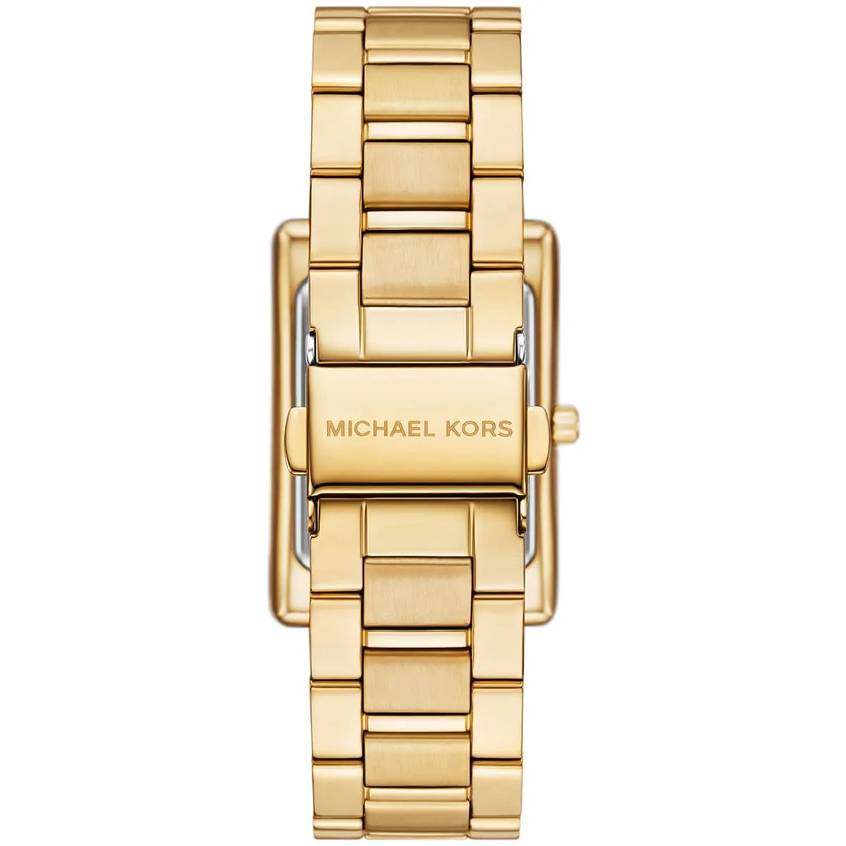 Gold stainless steel bracelet and caseback of Michael Kors Essex watch with brand engraving
