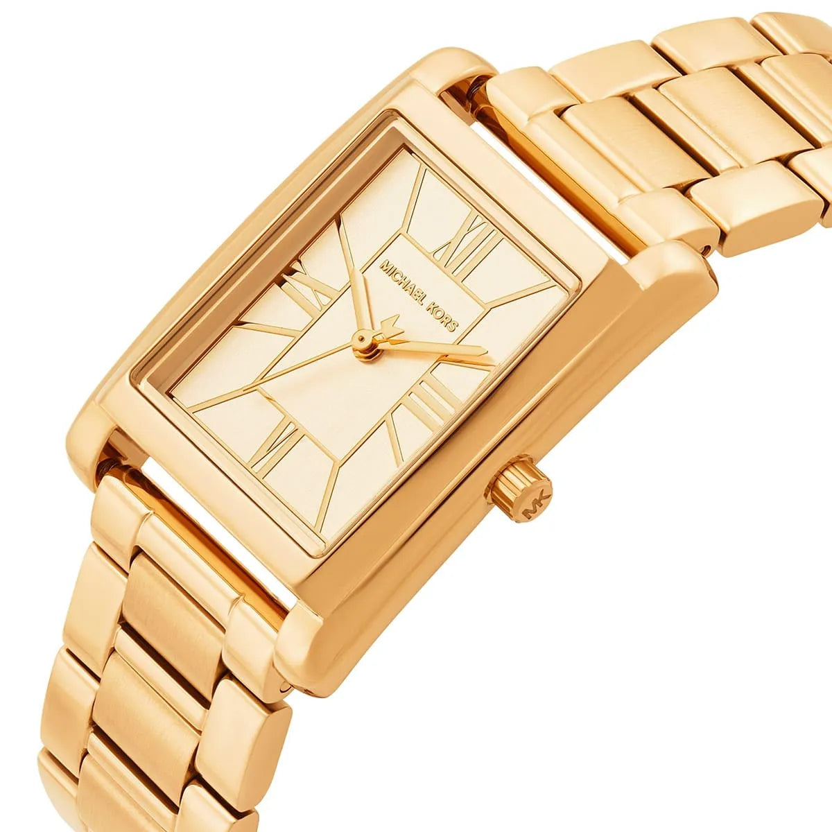 Michael Kors Essex women's watch on wrist showing gold rectangular case and mesh bracelet styling