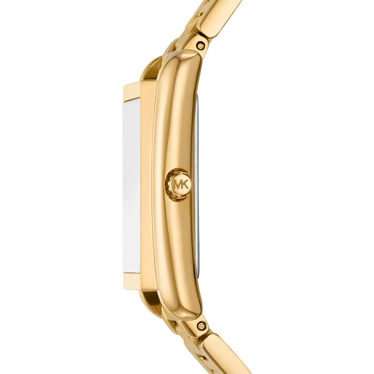Side profile view of Michael Kors Essex watch showing gold case thickness and MK logo