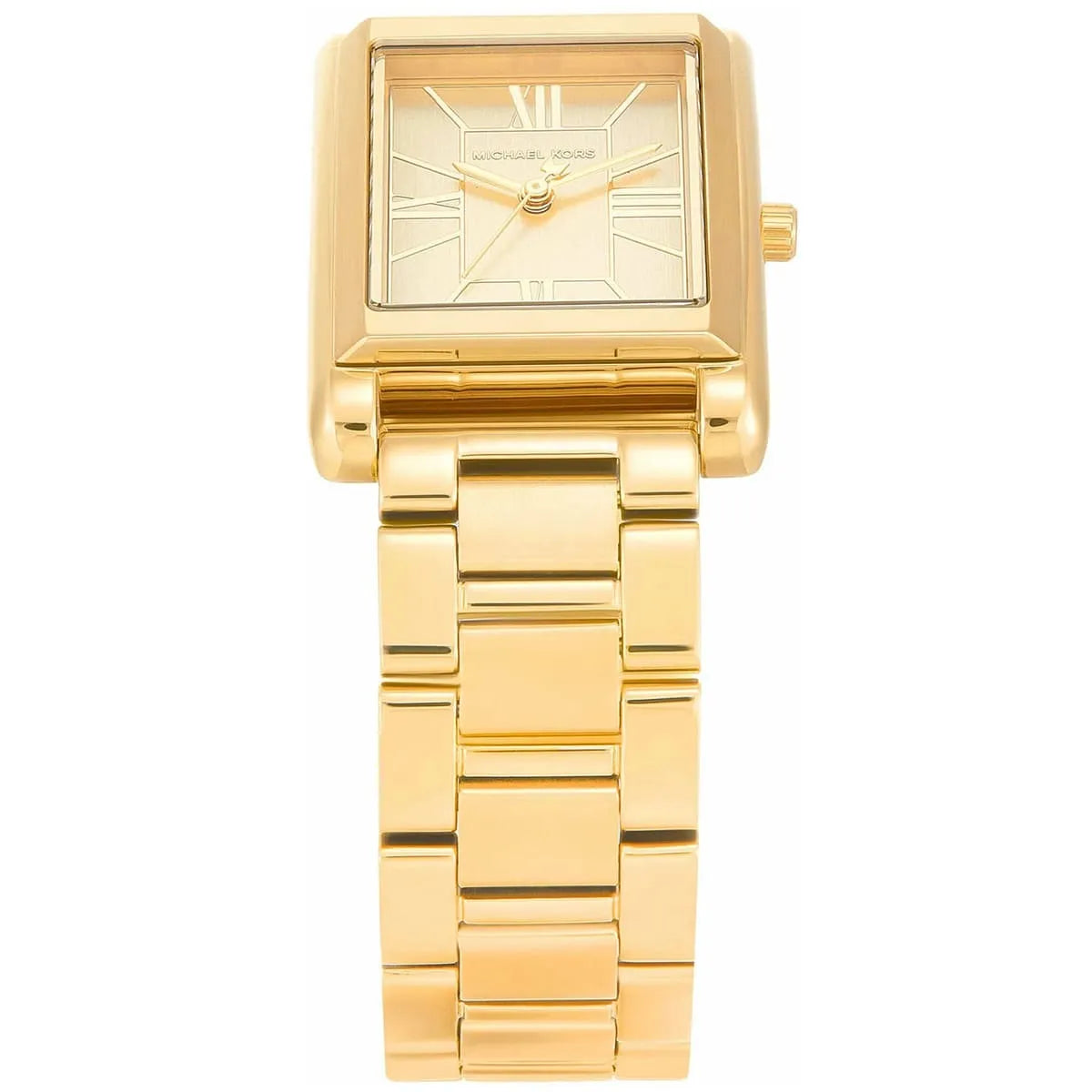 Michael Kors Essex women's watch straight-on view featuring gold square dial with Roman numerals