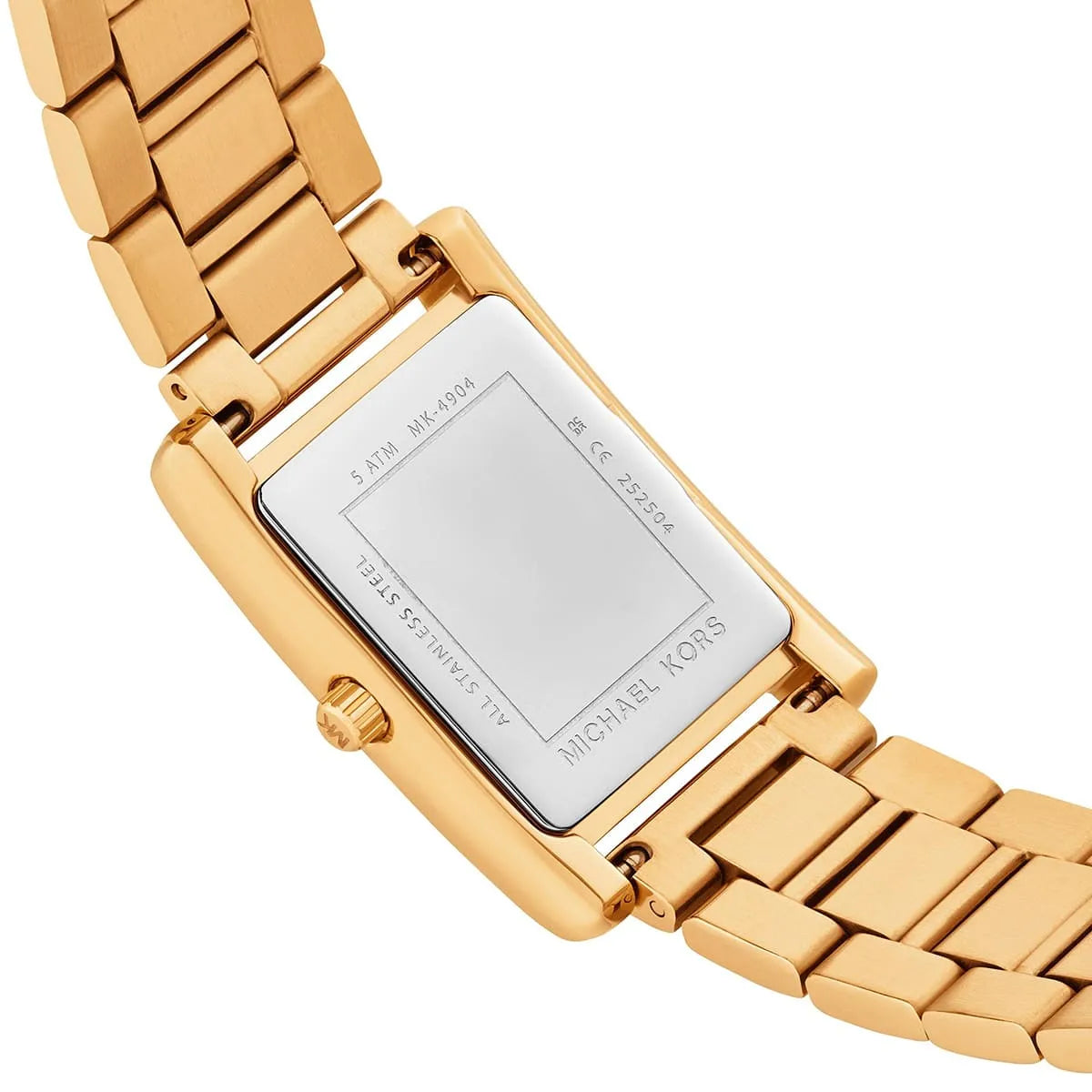 Gold stainless steel link bracelet detail of Michael Kors Essex watch with engraved caseback