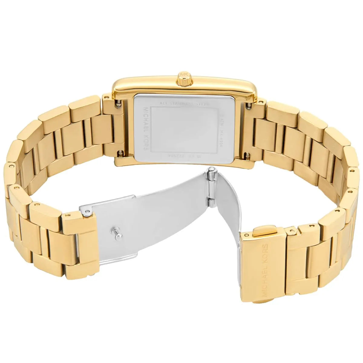 Top-down view of Michael Kors Essex women's watch showing rectangular dial and segmented bracelet