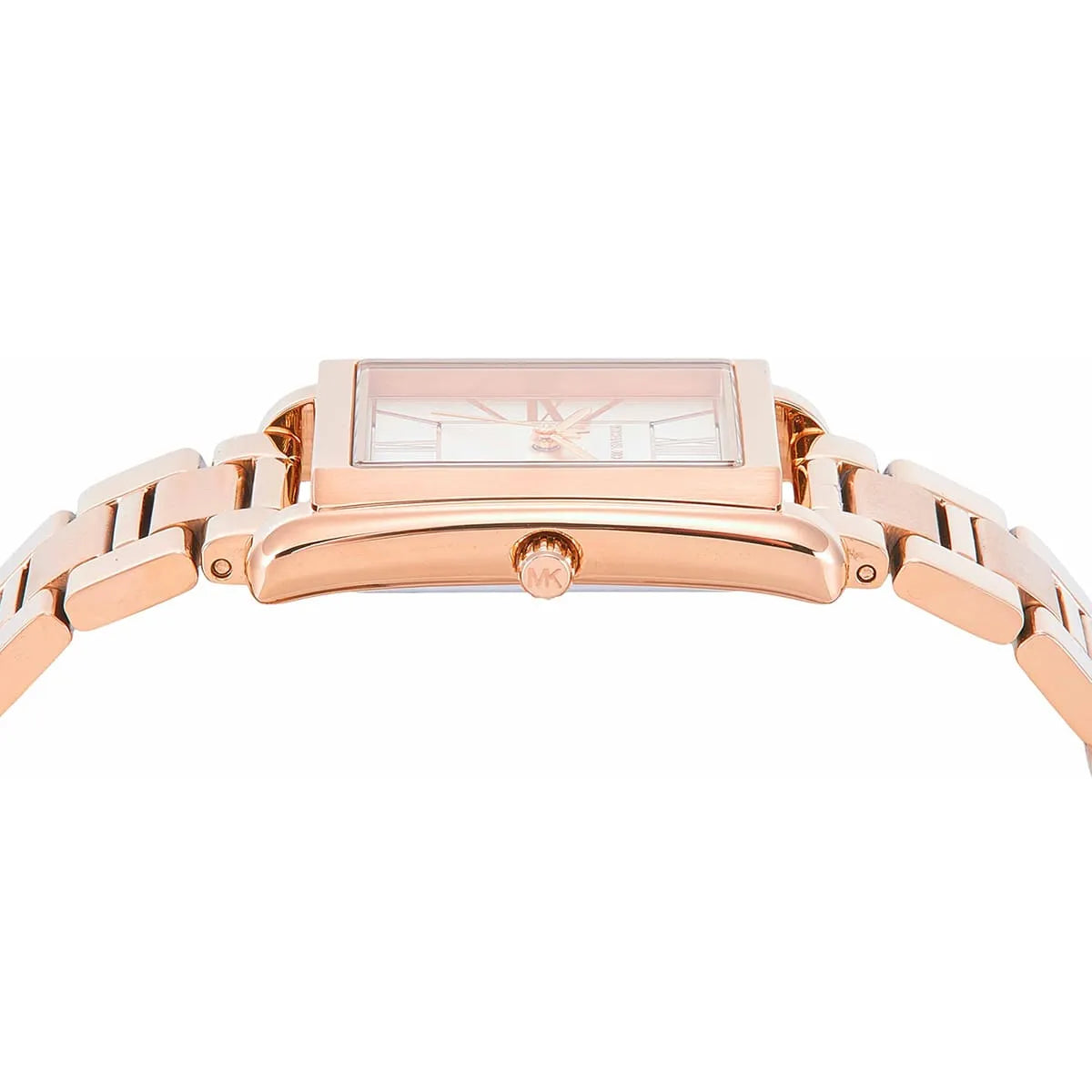 Angled view of Michael Kors Essex rose gold watch showing case and bracelet detail