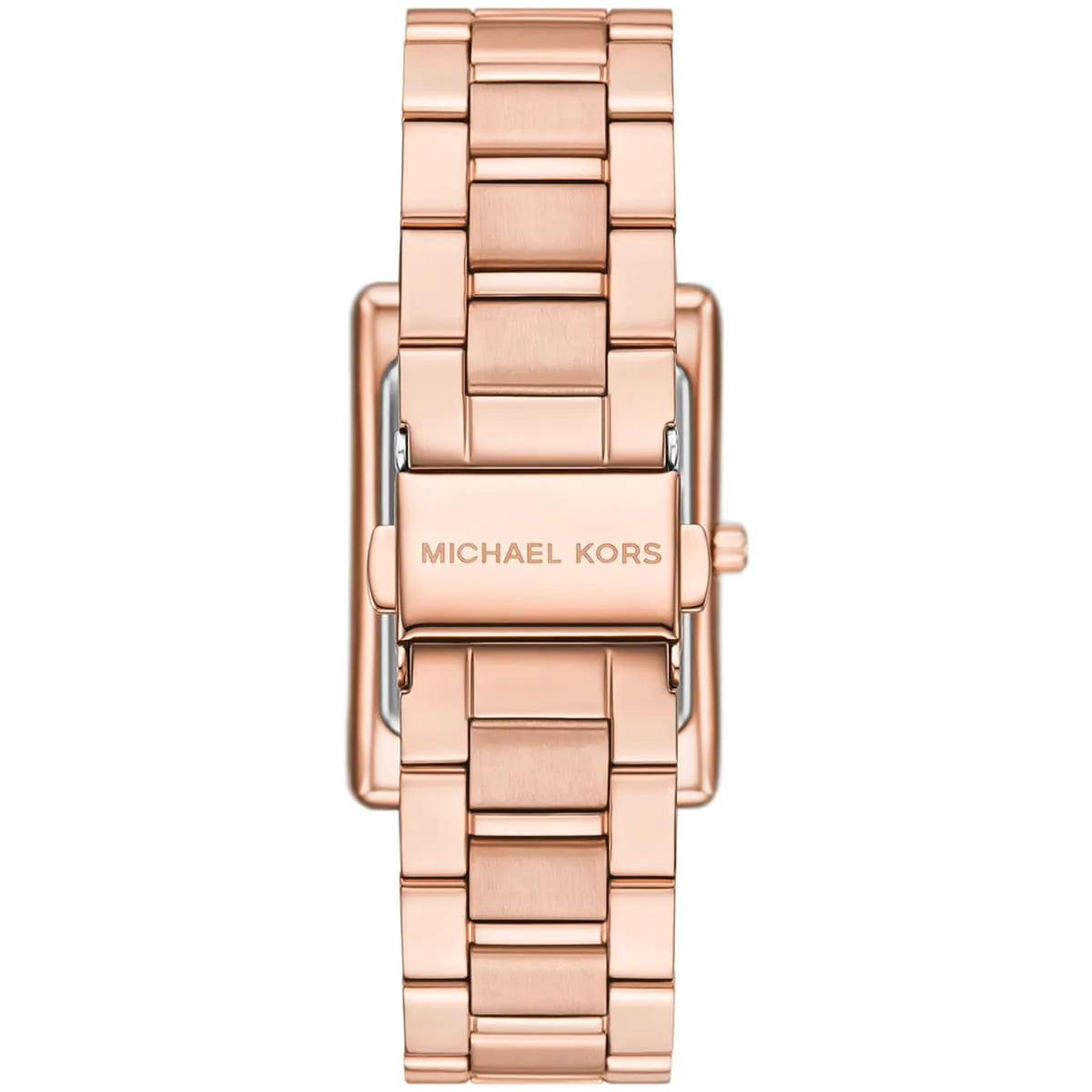 Rose gold stainless steel bracelet and caseback of Michael Kors Essex watch with MK branding
