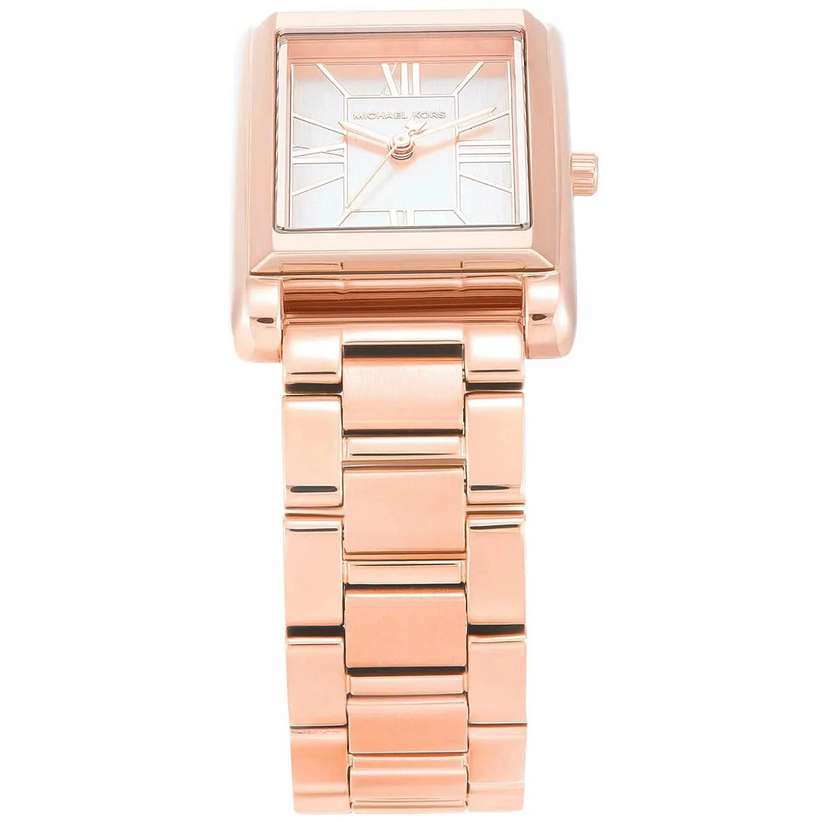 Michael Kors Essex rose gold watch displayed from above showing square case, dial, and bracelet