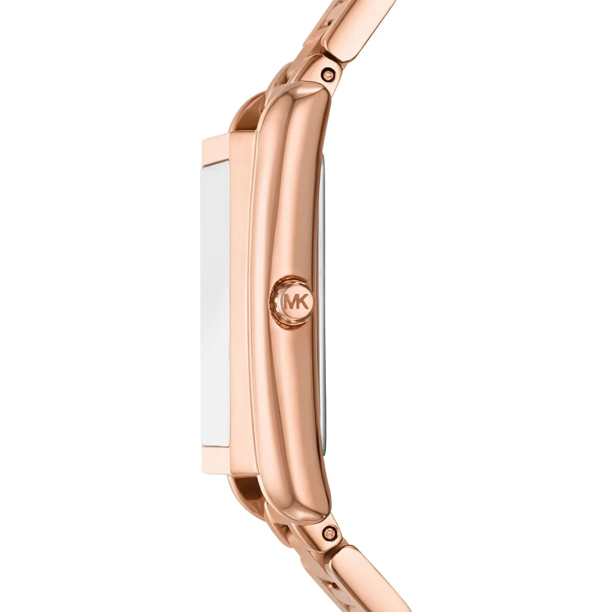 Michael Kors Essex watch in rose gold shown from the side profile with bracelet