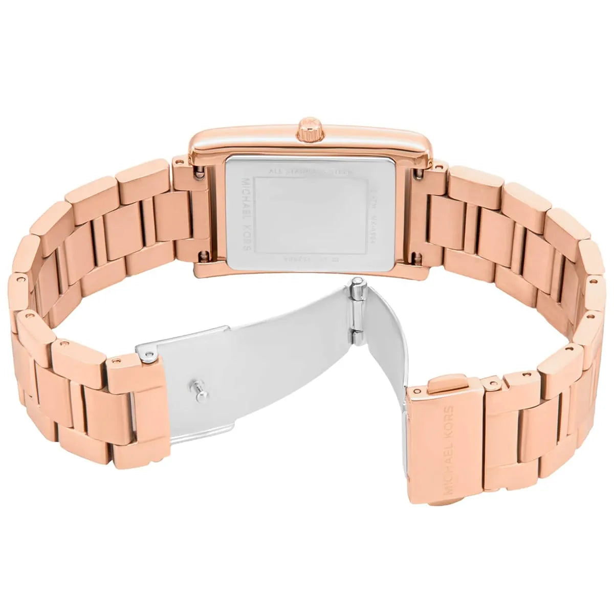 Rose gold stainless steel link bracelet of Michael Kors Essex watch displayed flat