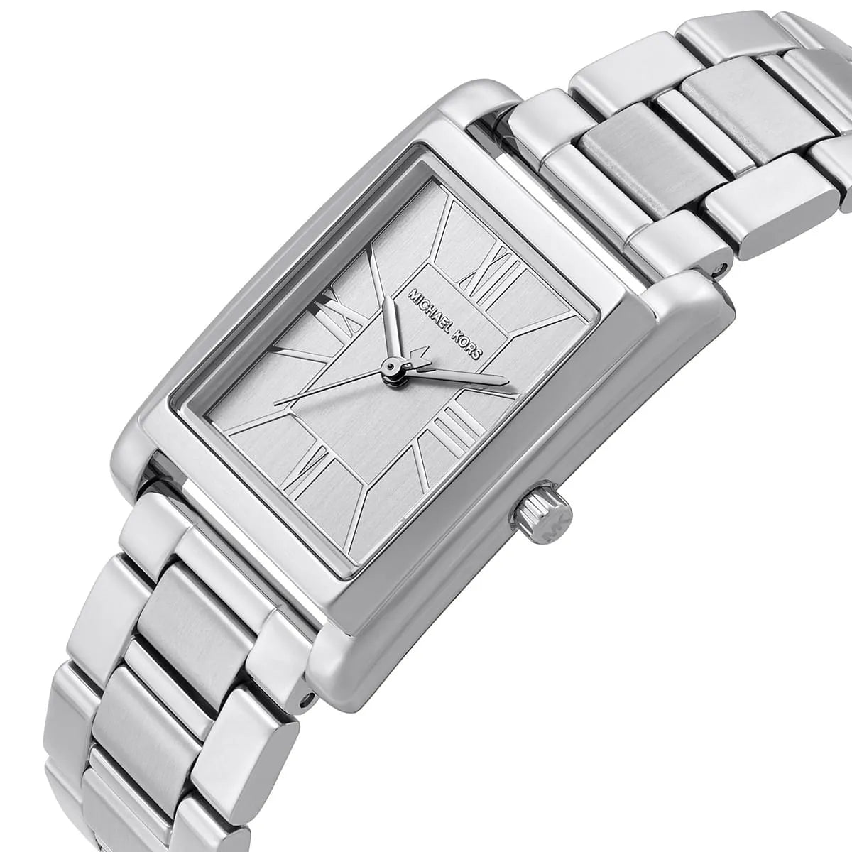 Michael Kors Essex worn on wrist showing rectangular silver dial and metal bracelet