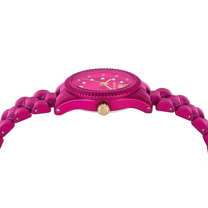 Pink stainless steel watch case viewed from angle showing bezel and strap detail
