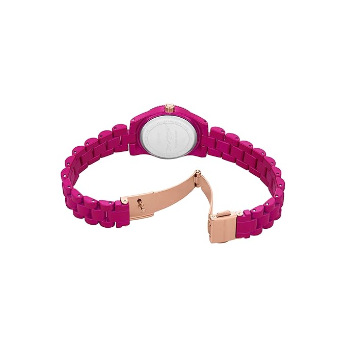 Michael Kors Lexington watch with pink bracelet shown from side with rose gold clasp visible